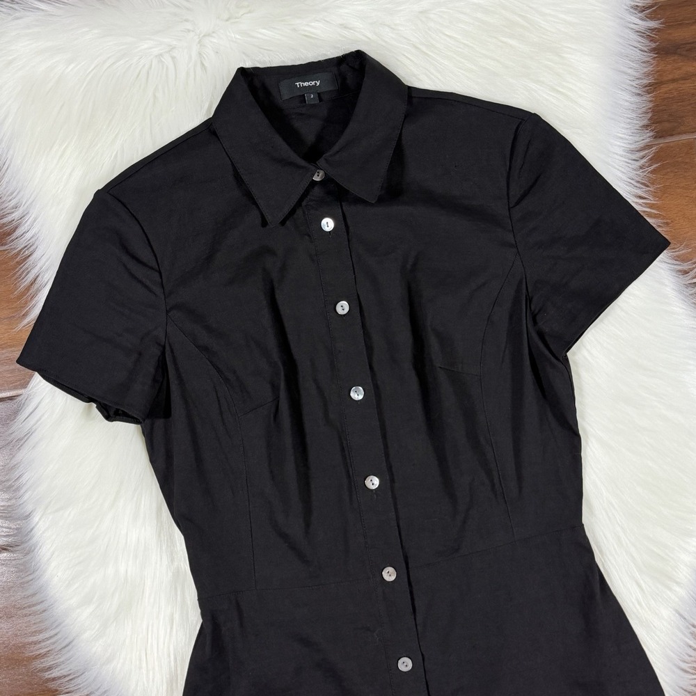 Theory Women's Size 2 Black Crunch Wash Linen Button Front Collared Shirt Dress - Picture 2 of 9